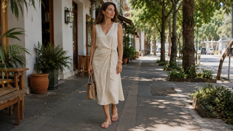Mulher usando chinelo de dedo chique e confortável com look de verão elegante, mostrando sofisticação e praticidade.