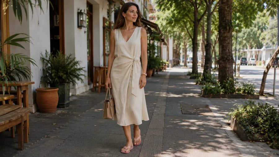 Mulher usando chinelo de dedo chique e confortável com look de verão elegante, mostrando sofisticação e praticidade.