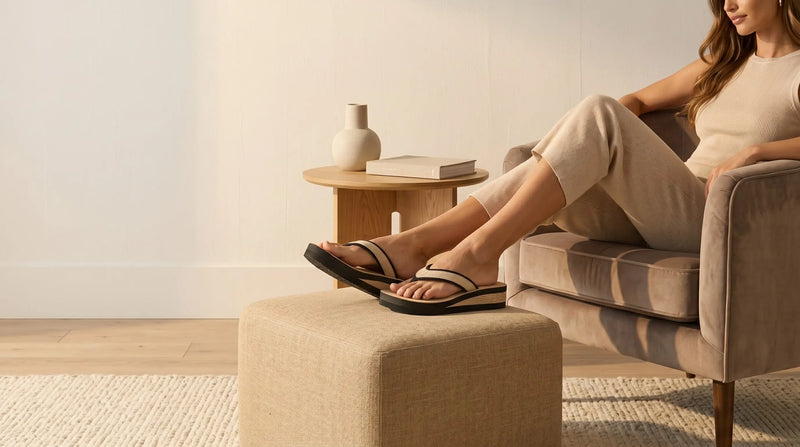 Mulher usando chinelo massageador ortopédico feminino para relaxar os pés em ambiente acolhedor