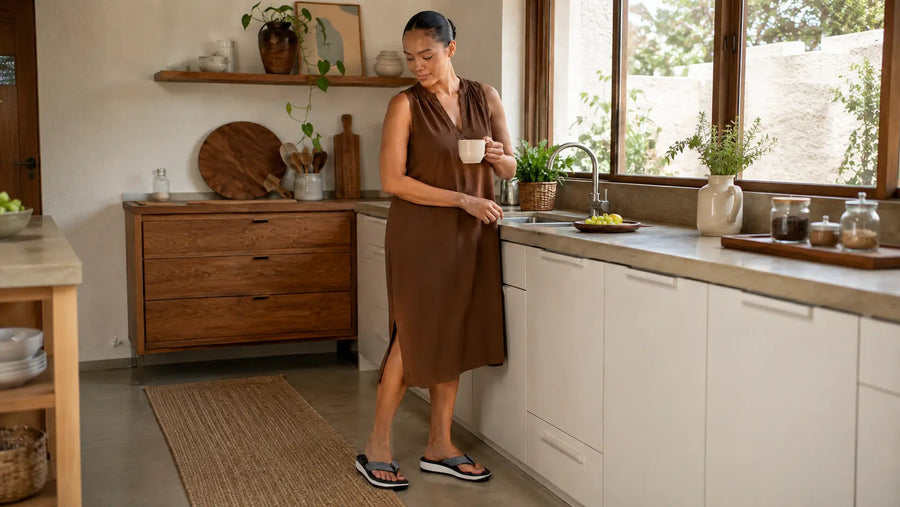 Mulher usando chinelo nuvem ortopédico feminino em casa, representando conforto leve, EVA anatômico e rotina tranquila.