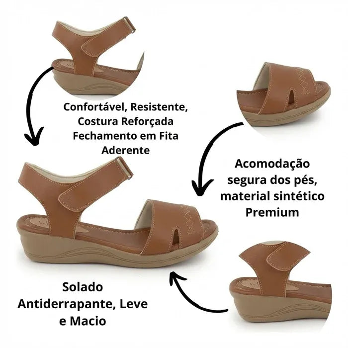 Arte informativa da sandália ortopédica feminina Helora marrom